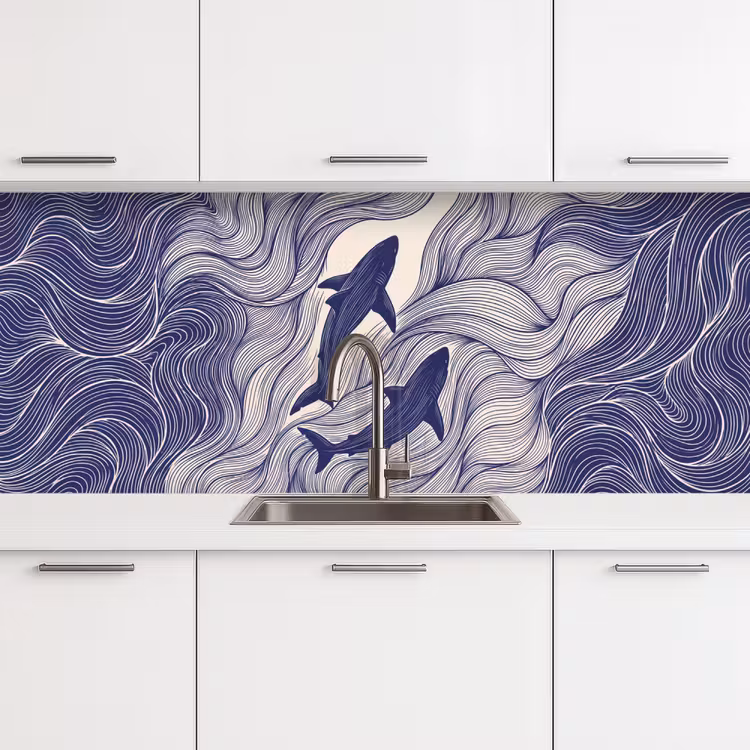 Vis - Oceaan - Lijntekening - Blauw - Dieren keuken achterwand 2 middel -3d