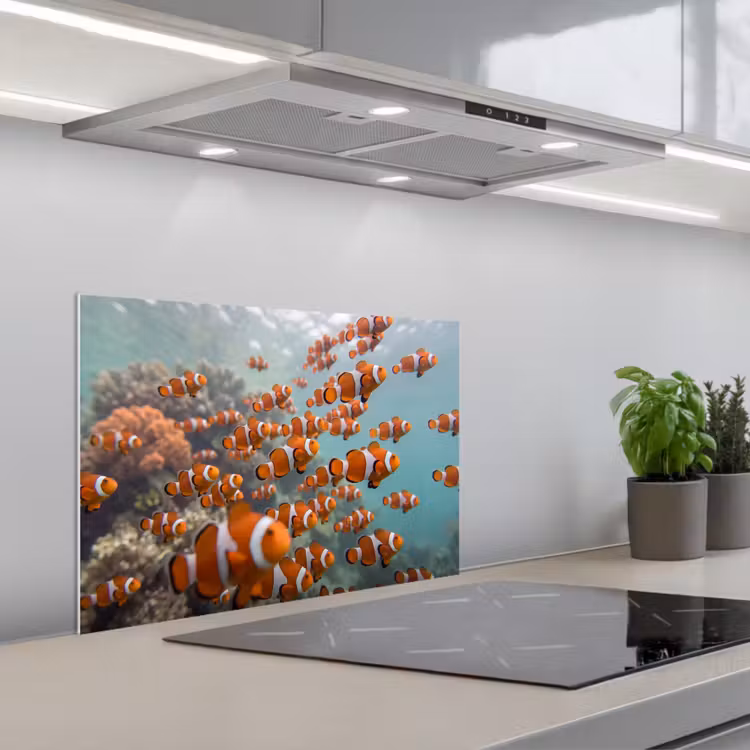Vis - School - Onderwater - Dieren - Oranje keuken achterwand spatscherm klein -3d_schuin