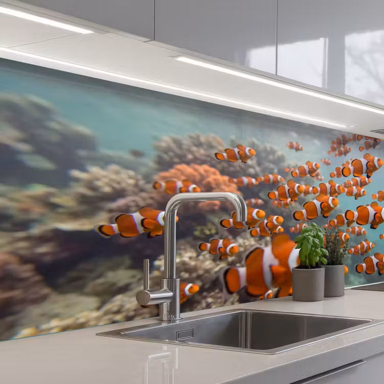 Vis - School - Onderwater - Dieren - Oranje keuken achterwand 2 middel -3d_schuin