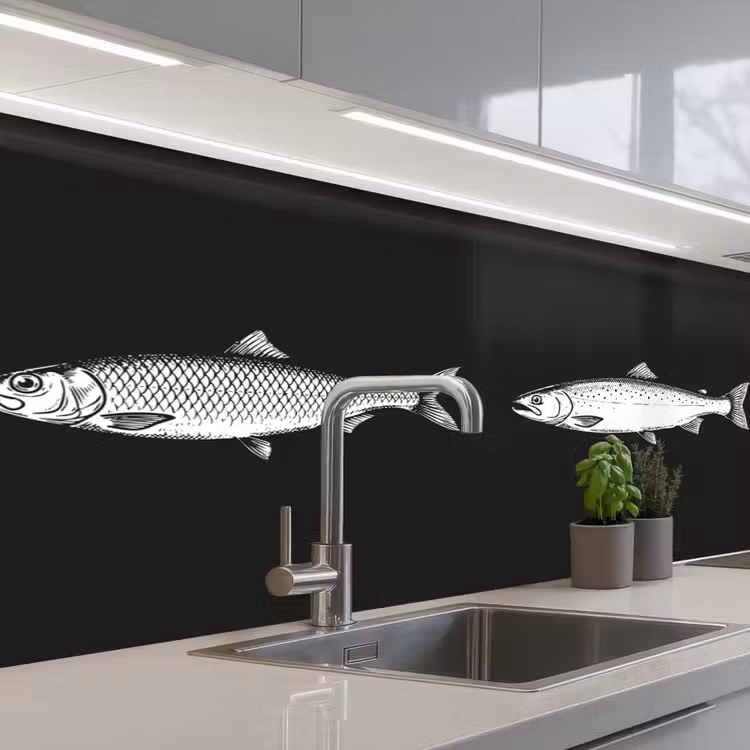Vissen - Zwart - Wit keuken achterwand 2 middel -3d_schuin