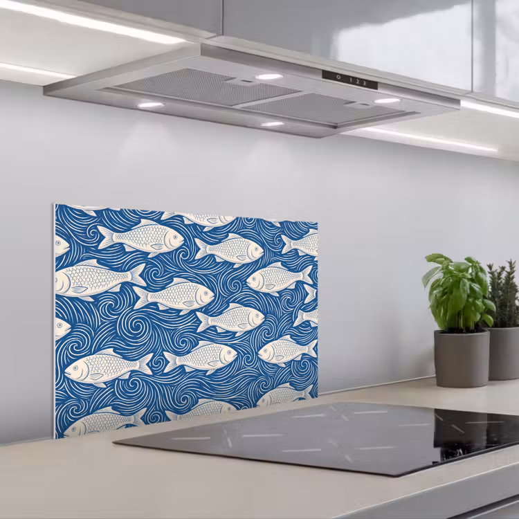Vis - Water - Patroon - Grafisch - Blauw keuken achterwand spatscherm klein -3d_schuin