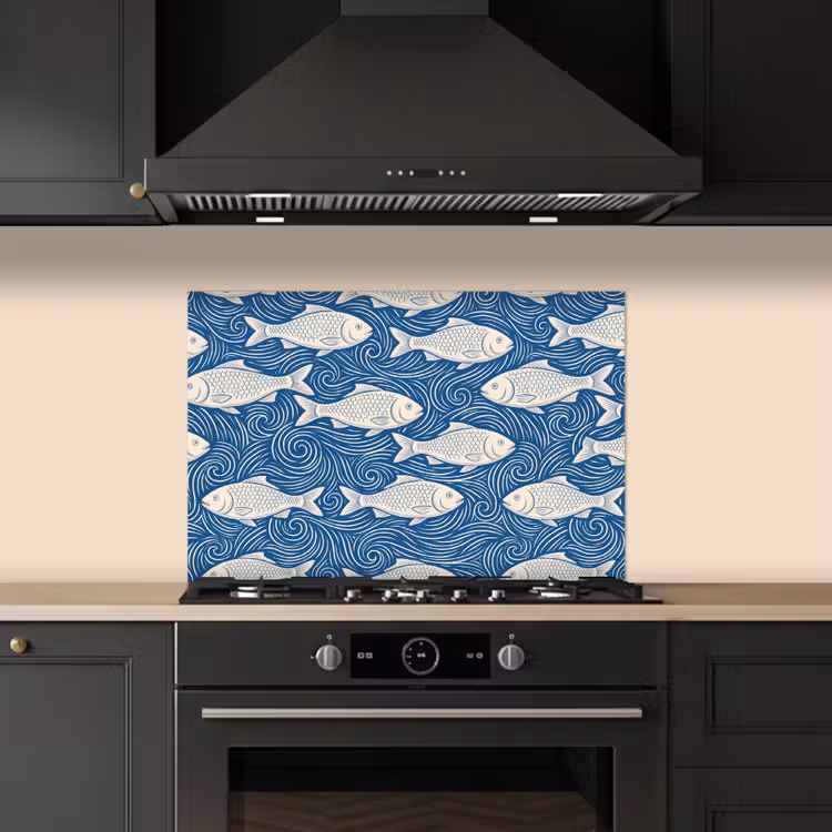 Vis - Water - Patroon - Grafisch - Blauw keuken achterwand spatscherm klein -sfeer1