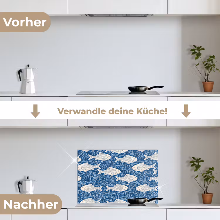 Vis - Water - Patroon - Grafisch - Blauw keuken achterwand spatscherm klein -voor_na_DE