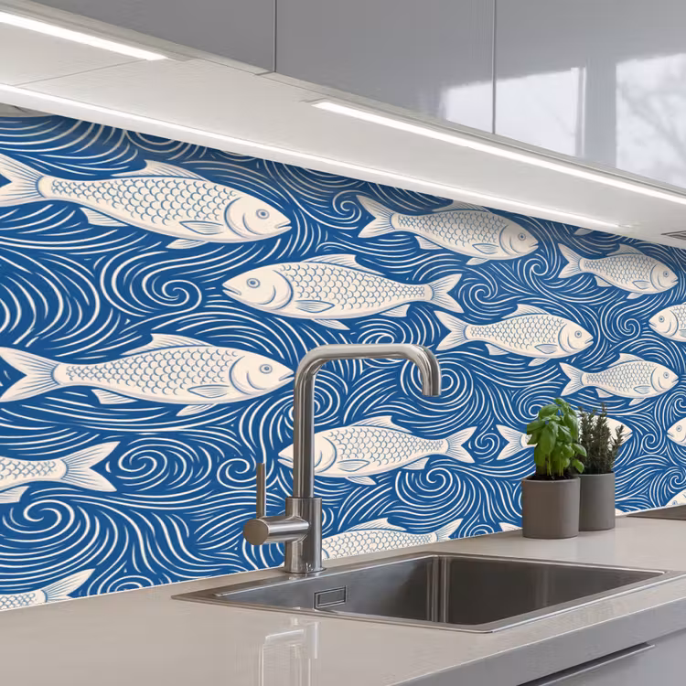 Vis - Water - Patroon - Grafisch - Blauw keuken achterwand 2 middel -3d_schuin