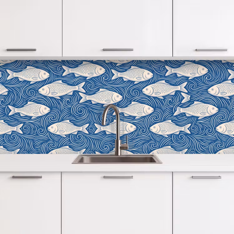 Vis - Water - Patroon - Grafisch - Blauw keuken achterwand 2 middel -3d