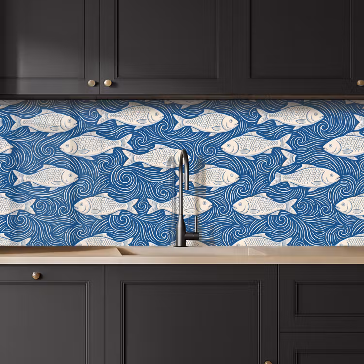 Vis - Water - Patroon - Grafisch - Blauw keuken achterwand 2 middel -sfeer1