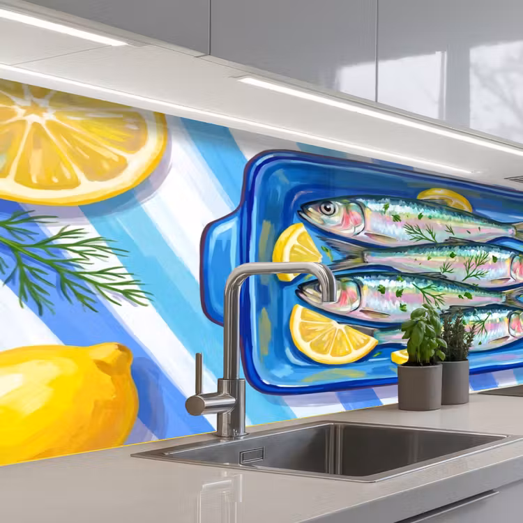 Vis - Citroen - Kruiden - Eten - Blauw keuken achterwand 2 middel -3d_schuin