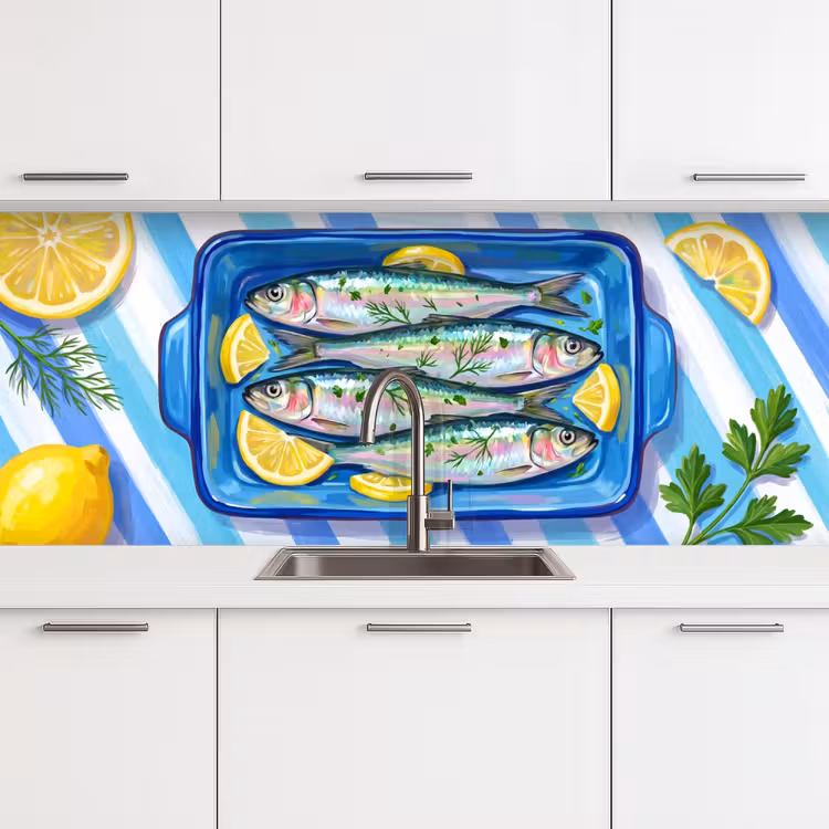 Vis - Citroen - Kruiden - Eten - Blauw keuken achterwand 2 middel -3d