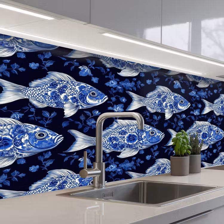 Vissen - Bloemen - Blauw keuken achterwand 2 middel 871 -3d_schuin