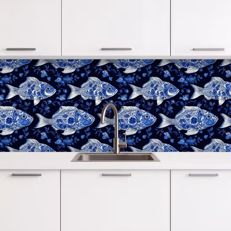 Vissen - Bloemen - Blauw keuken achterwand 2 middel 871 -3d