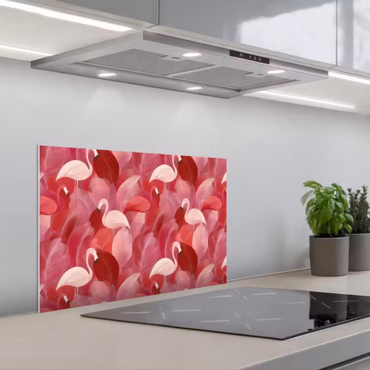 Flamingo - Botanisch - Elegant - Roze - Rood keuken achterwand spatscherm klein 900 -3d_schuin