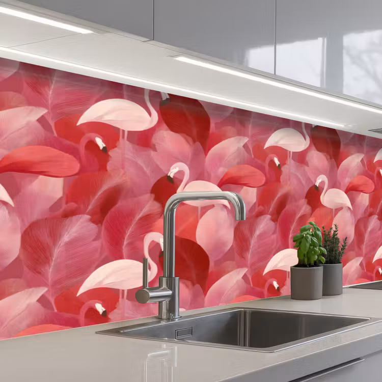 Flamingo - Botanisch - Elegant - Roze - Rood keuken achterwand 2 middel 871 -3d_schuin