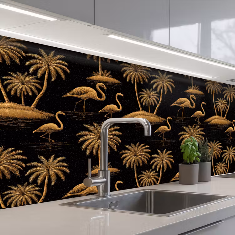Flamingo - Palmbomen - Tropisch - Goud - Zwart keuken achterwand 2 middel 871 -3d_schuin