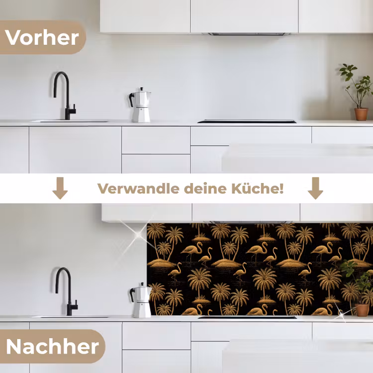 Flamingo - Palmbomen - Tropisch - Goud - Zwart keuken achterwand 2 middel 871 -voor-na_DE