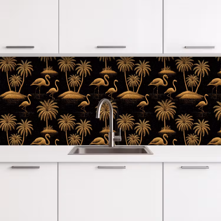 Flamingo - Palmbomen - Tropisch - Goud - Zwart keuken achterwand 2 middel 871 -3d
