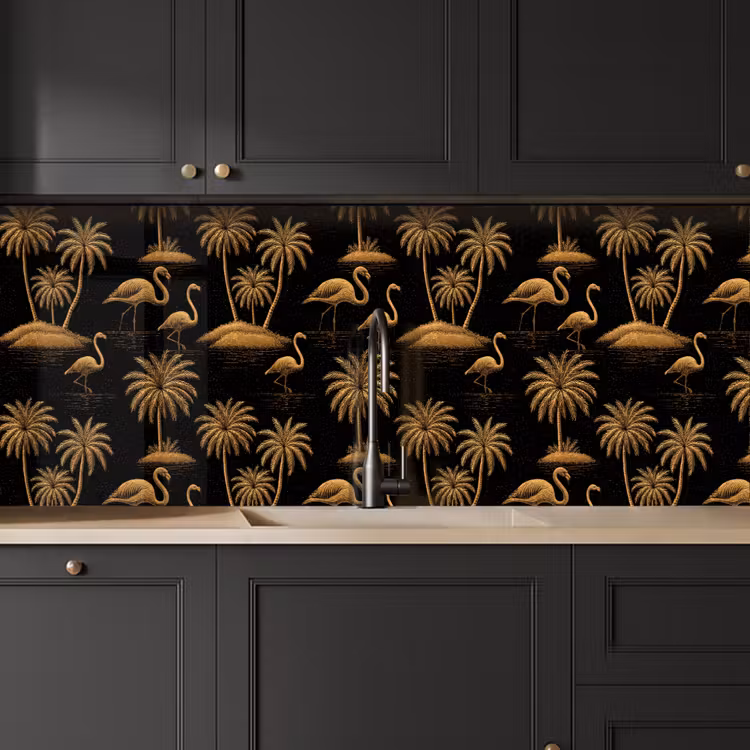 Flamingo - Palmbomen - Tropisch - Goud - Zwart keuken achterwand 2 middel 871 -sfeer1