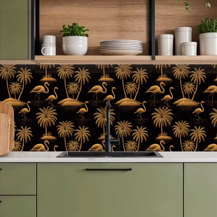 Flamingo - Palmbomen - Tropisch - Goud - Zwart keuken achterwand 2 middel 871 -sfeer3