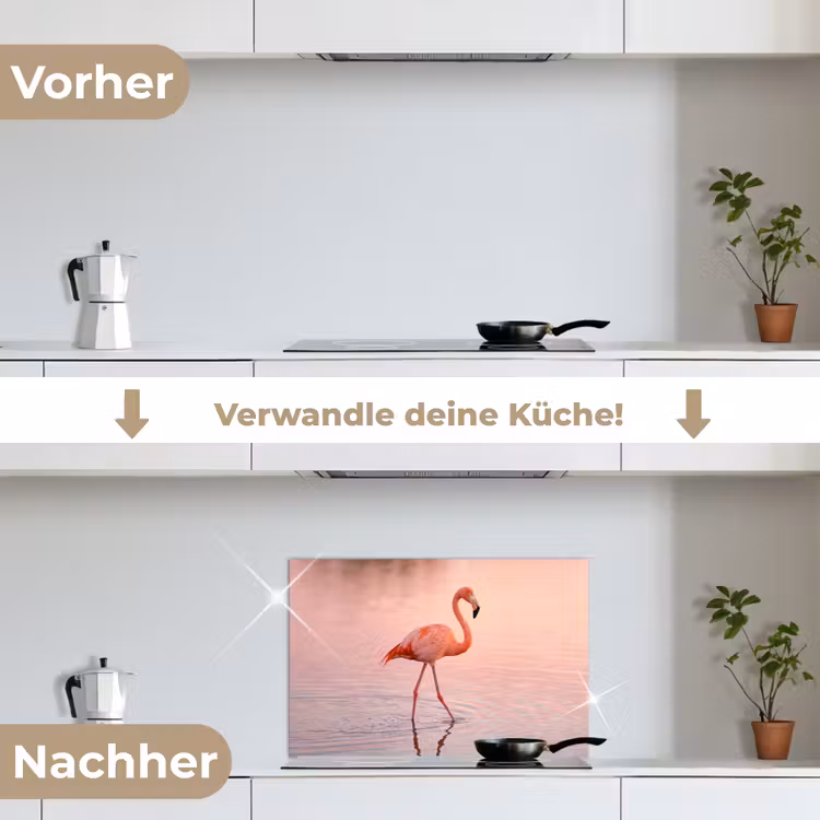 Flamingo - Water - Roze keuken achterwand spatscherm klein -voor_na_DE