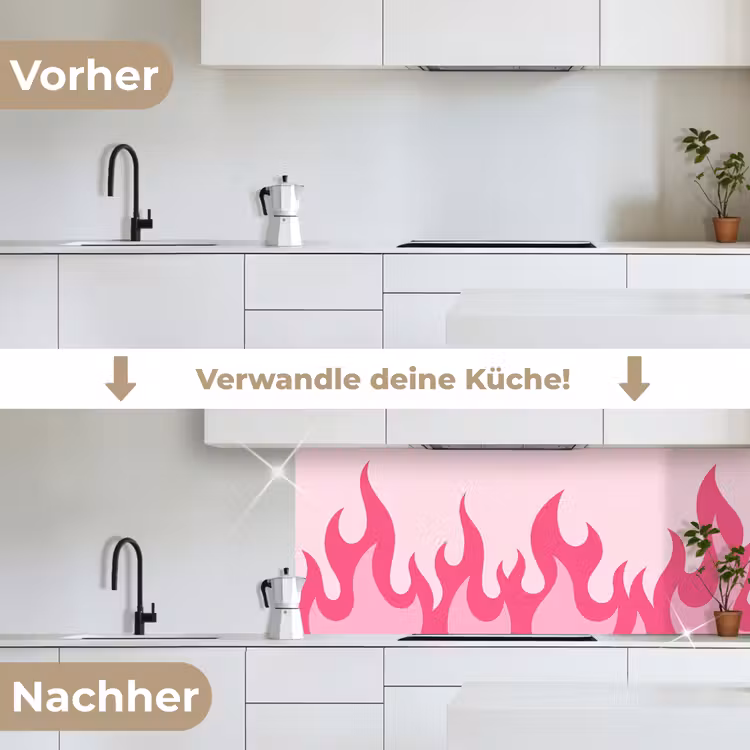 Vlammen - Patroon - Abstract - Modern - Roze keuken achterwand 2 middel -voor-na_DE