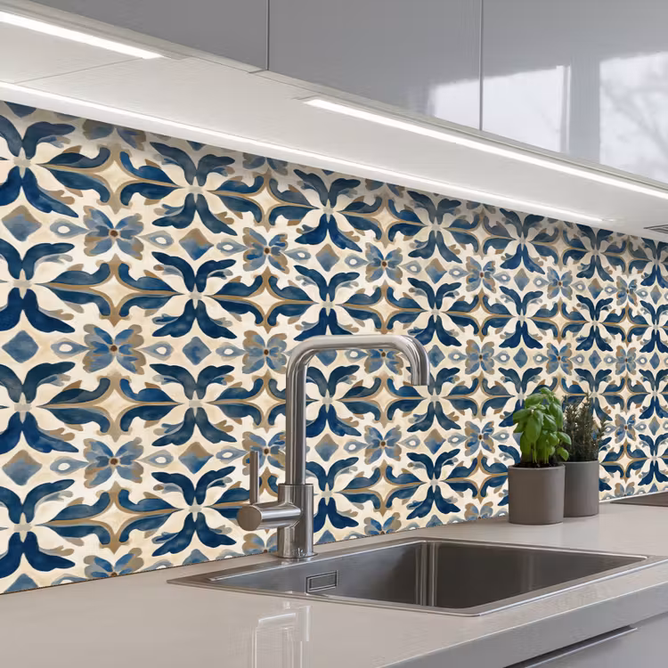 Tegel - Patroon - Blauw - Beige keuken achterwand 2 middel 871 -3d_schuin