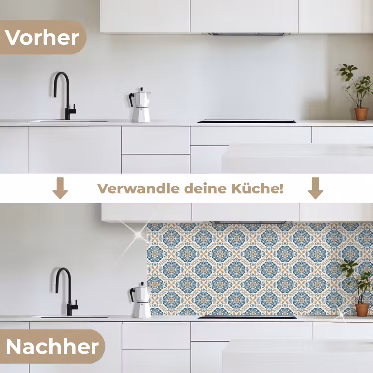 Tegel - Patroon - Blauw - Goud keuken achterwand 2 middel 871 -voor-na_DE