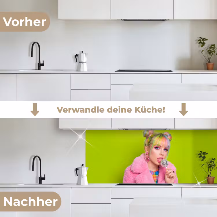 Vrouw - Kleurrijk haar - Pop art - Modern - Levendig keuken achterwand 2 middel -voor-na_DE