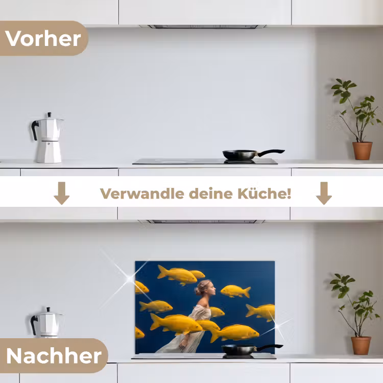 Vrouw - Vis - Water - Natuur - Geel keuken achterwand spatscherm klein -voor_na_DE