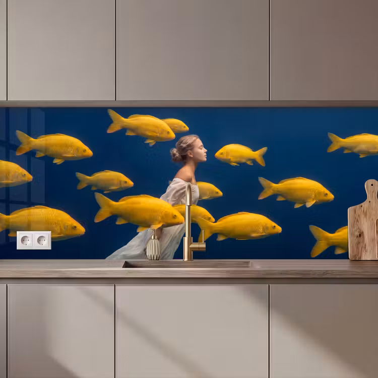 Vrouw - Vis - Water - Natuur - Geel keuken achterwand 2 middel zz_3dshopping