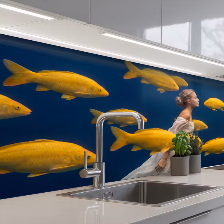 Vrouw - Vis - Water - Natuur - Geel keuken achterwand 2 middel -3d_schuin