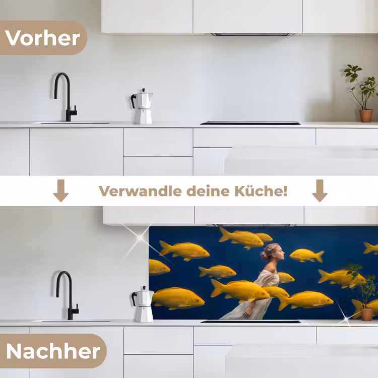 Vrouw - Vis - Water - Natuur - Geel keuken achterwand 2 middel -voor-na_DE