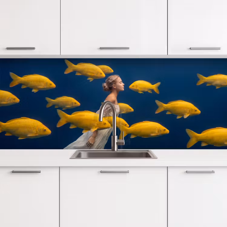 Vrouw - Vis - Water - Natuur - Geel keuken achterwand 2 middel -3d