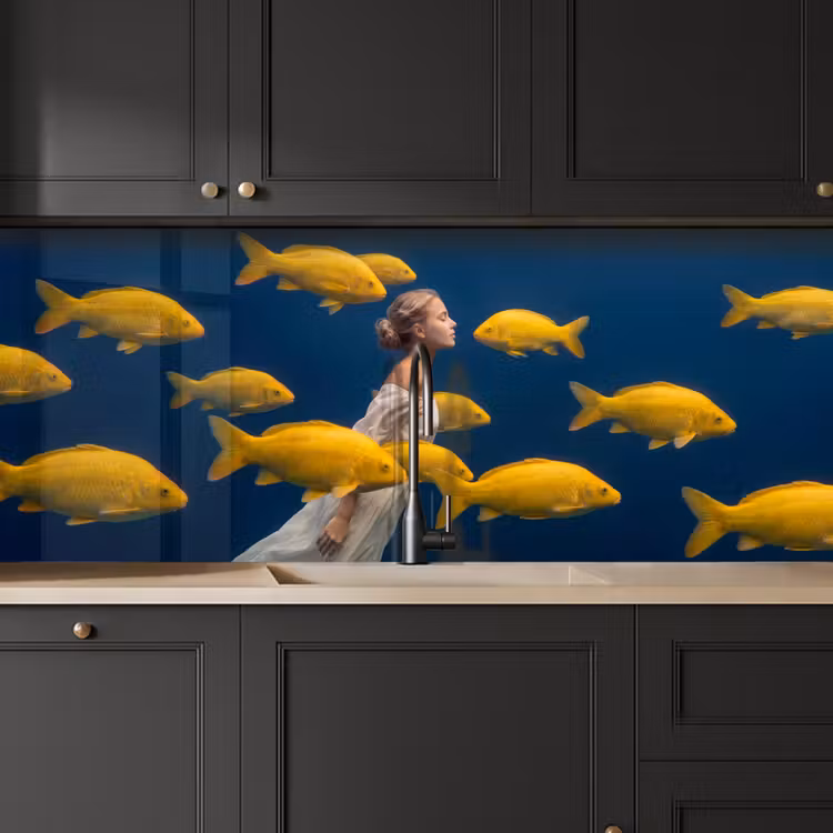 Vrouw - Vis - Water - Natuur - Geel keuken achterwand 2 middel -sfeer1