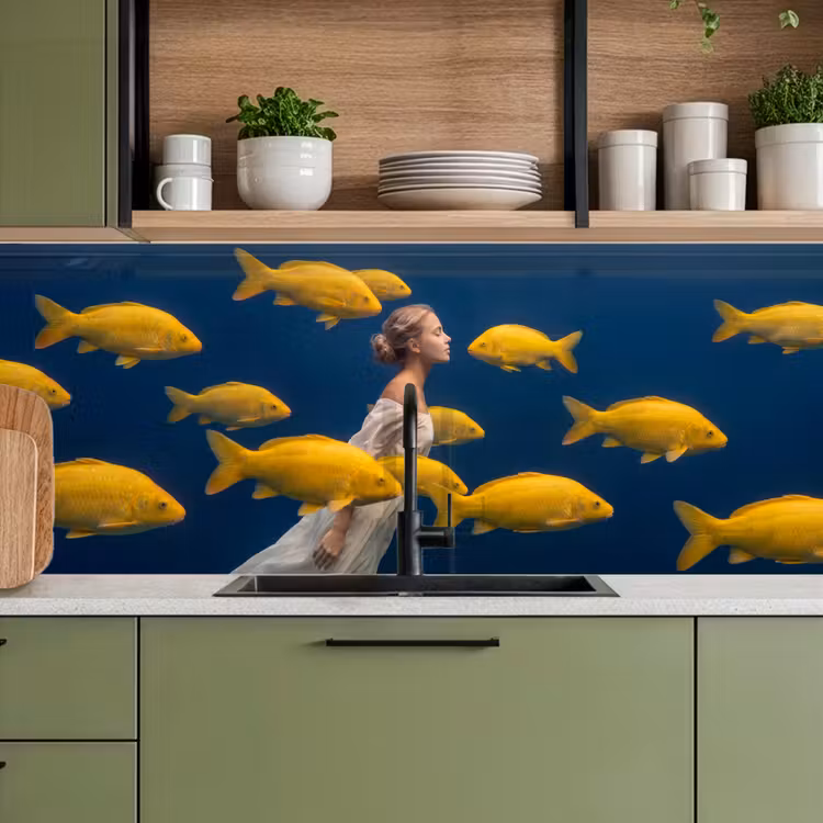 Vrouw - Vis - Water - Natuur - Geel keuken achterwand 2 middel -sfeer3