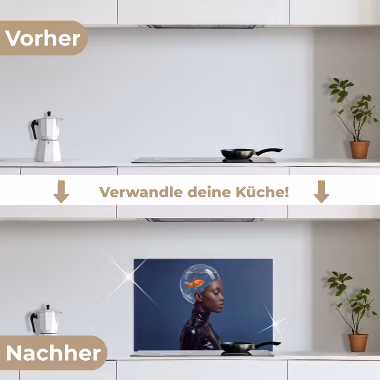 Vrouw - Goudvis - Hoofd - Abstract - Blauw keuken achterwand spatscherm klein -voor_na_DE