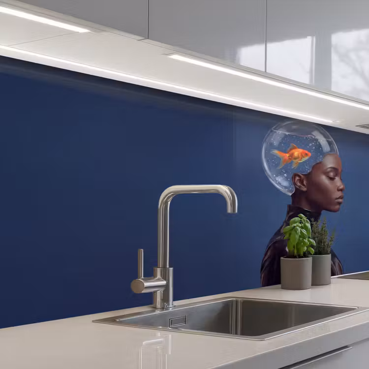 Vrouw - Goudvis - Hoofd - Abstract - Blauw keuken achterwand 2 middel -3d_schuin