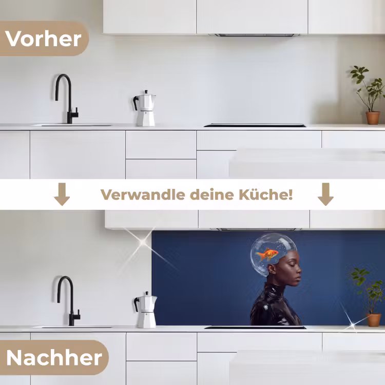Vrouw - Goudvis - Hoofd - Abstract - Blauw keuken achterwand 2 middel -voor-na_DE