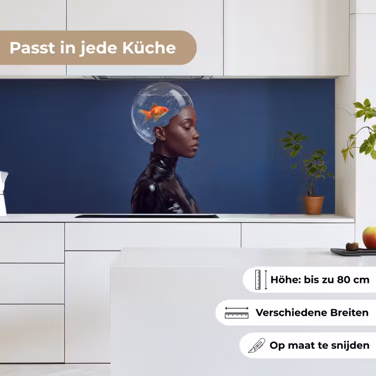 Vrouw - Goudvis - Hoofd - Abstract - Blauw keuken achterwand 2 middel -sfeer4_DE