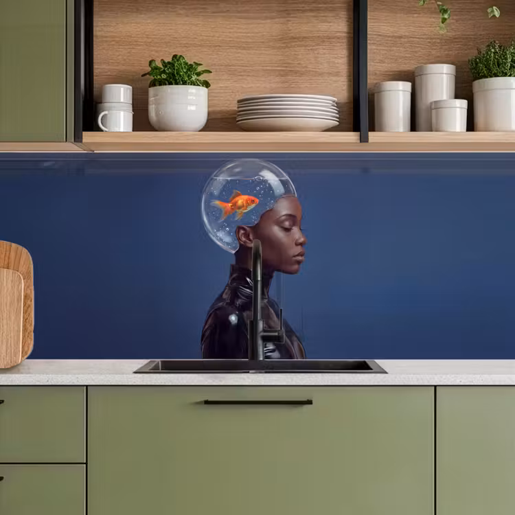 Vrouw - Goudvis - Hoofd - Abstract - Blauw keuken achterwand 2 middel -sfeer3