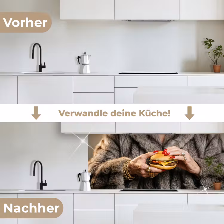 Vrouw - Hamburger - Bontjas keuken achterwand 2 middel -voor-na_DE