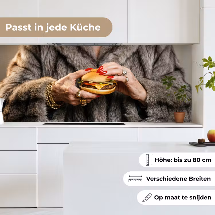 Vrouw - Hamburger - Bontjas keuken achterwand 2 middel -sfeer4_DE