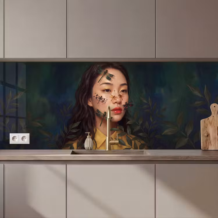 Vrouw - Insecten - Natuur - Portret - Groen keuken achterwand 2 middel zz_3dshopping