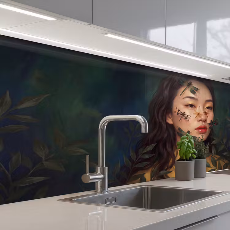 Vrouw - Insecten - Natuur - Portret - Groen keuken achterwand 2 middel -3d_schuin