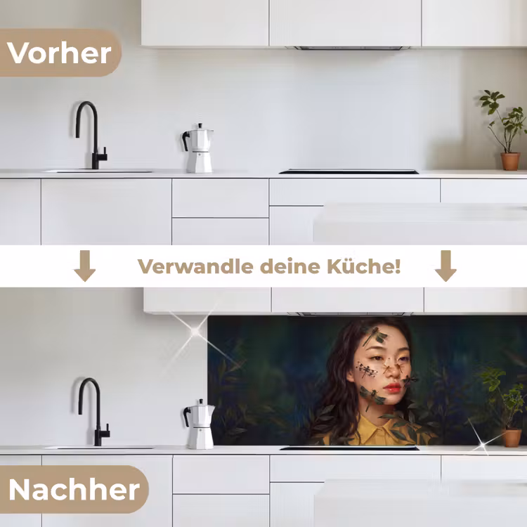 Vrouw - Insecten - Natuur - Portret - Groen keuken achterwand 2 middel -voor-na_DE