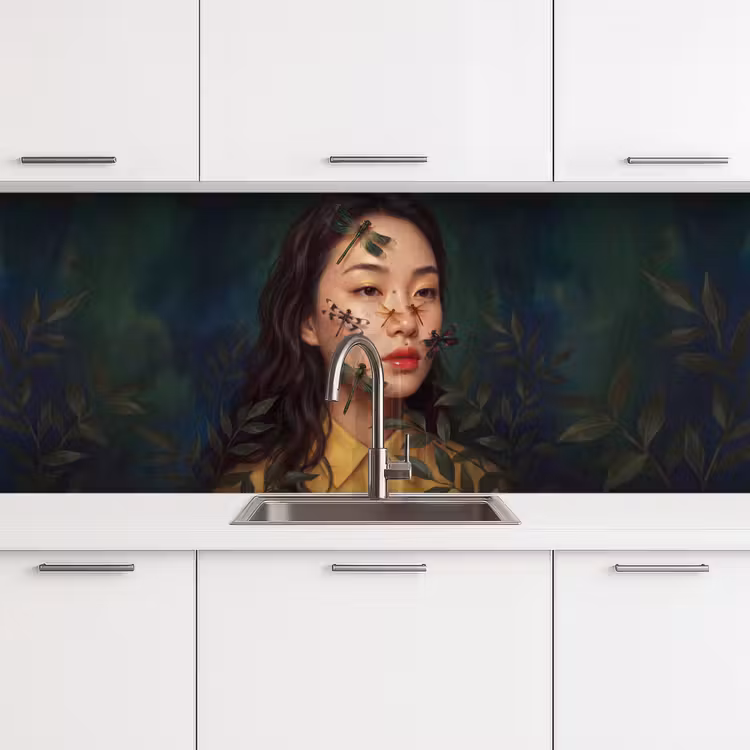 Vrouw - Insecten - Natuur - Portret - Groen keuken achterwand 2 middel -3d