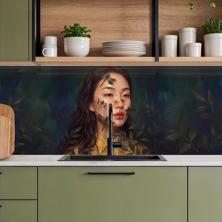 Vrouw - Insecten - Natuur - Portret - Groen keuken achterwand 2 middel -sfeer3