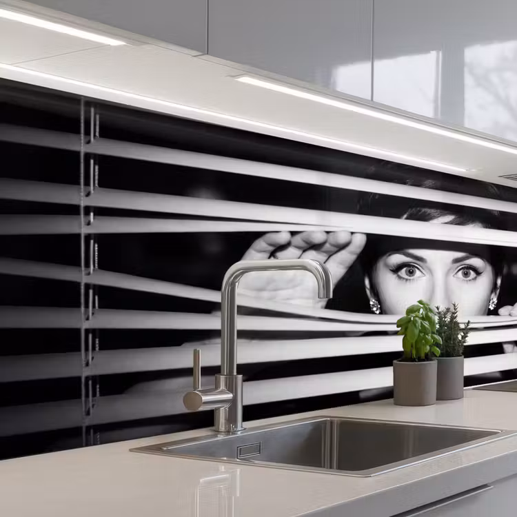 Vrouw - Jaloezieën - Portret - Zwart-wit keuken achterwand 2 middel -3d_schuin