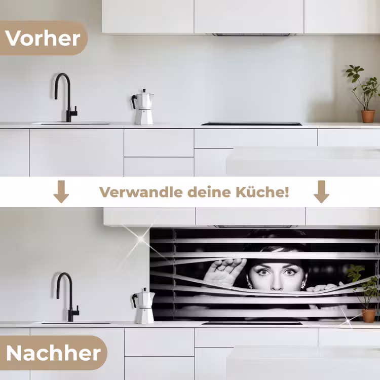 Vrouw - Jaloezieën - Portret - Zwart-wit keuken achterwand 2 middel -voor-na_DE