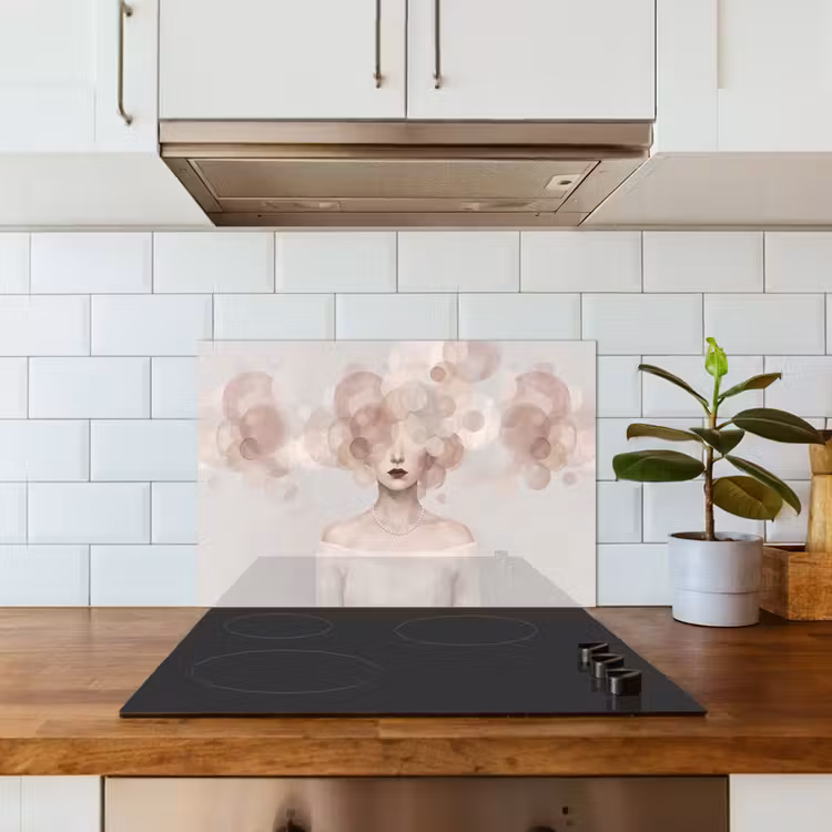 Vrouw - Cirkels - Beige keuken achterwand spatscherm klein -sfeer2
