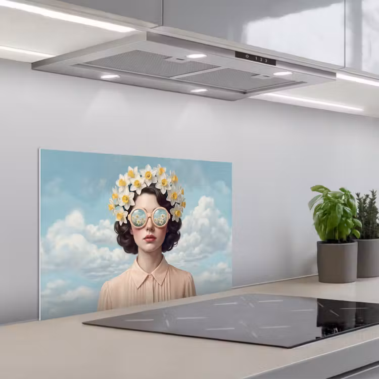Vrouw - Narcissen - Geel keuken achterwand spatscherm klein -3d_schuin