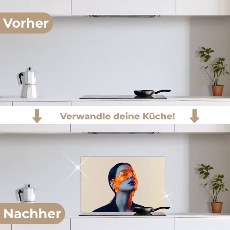 Vrouw - Oranje - Abstract - Modern - Kleurrijk keuken achterwand spatscherm klein -voor_na_DE